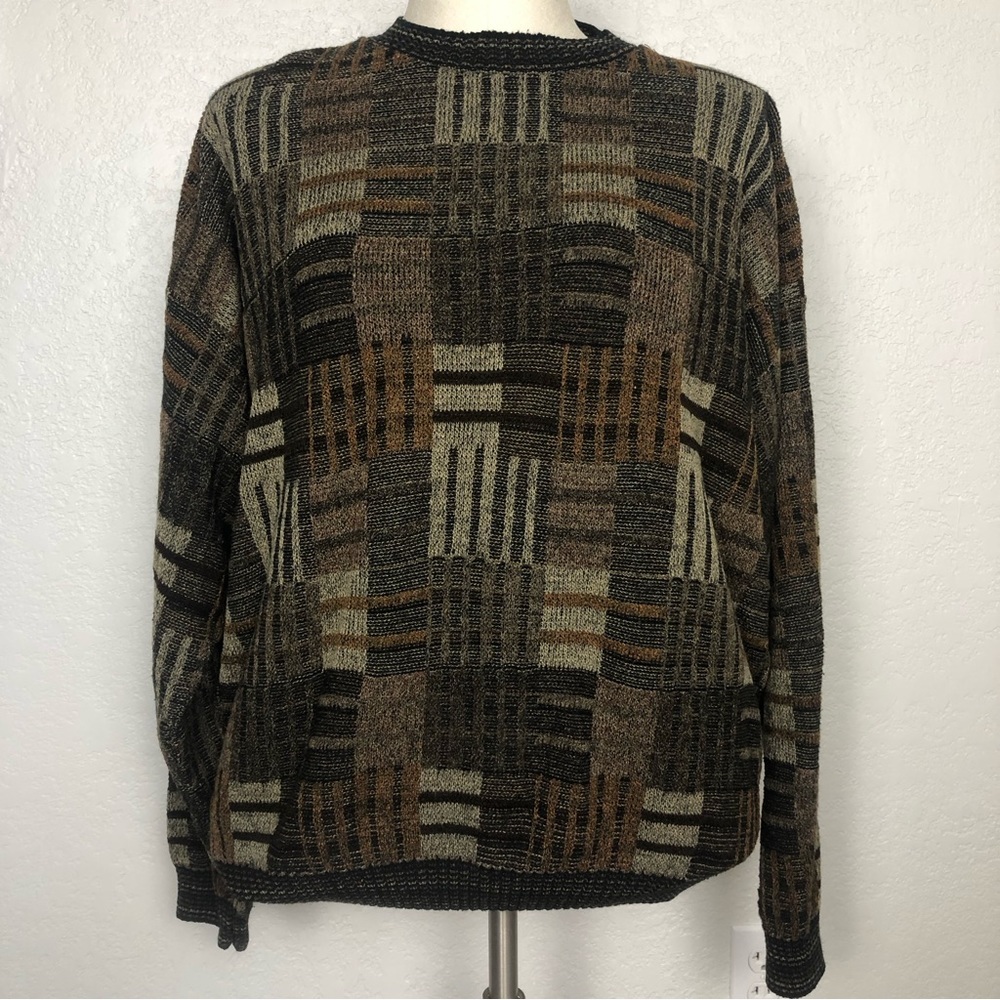 VTG Protoge Sweater Mens XXL Brown Patchwork Cosby Grandpa Coogi Style Acrylic